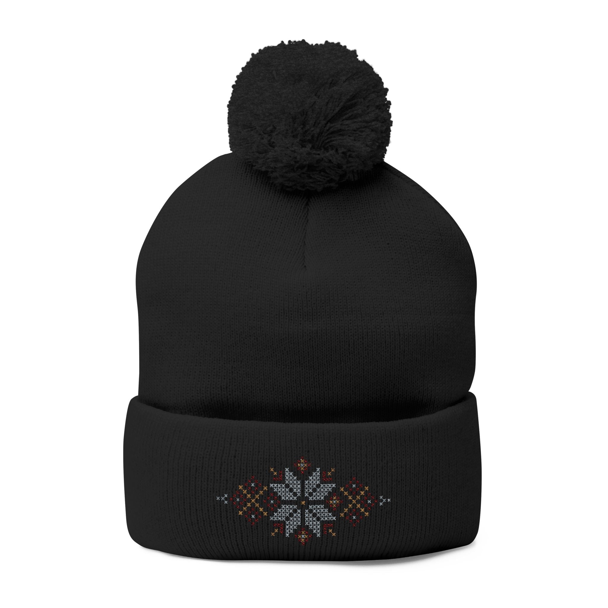 Embroidered Snowflake Pom-Pom Knit Cap