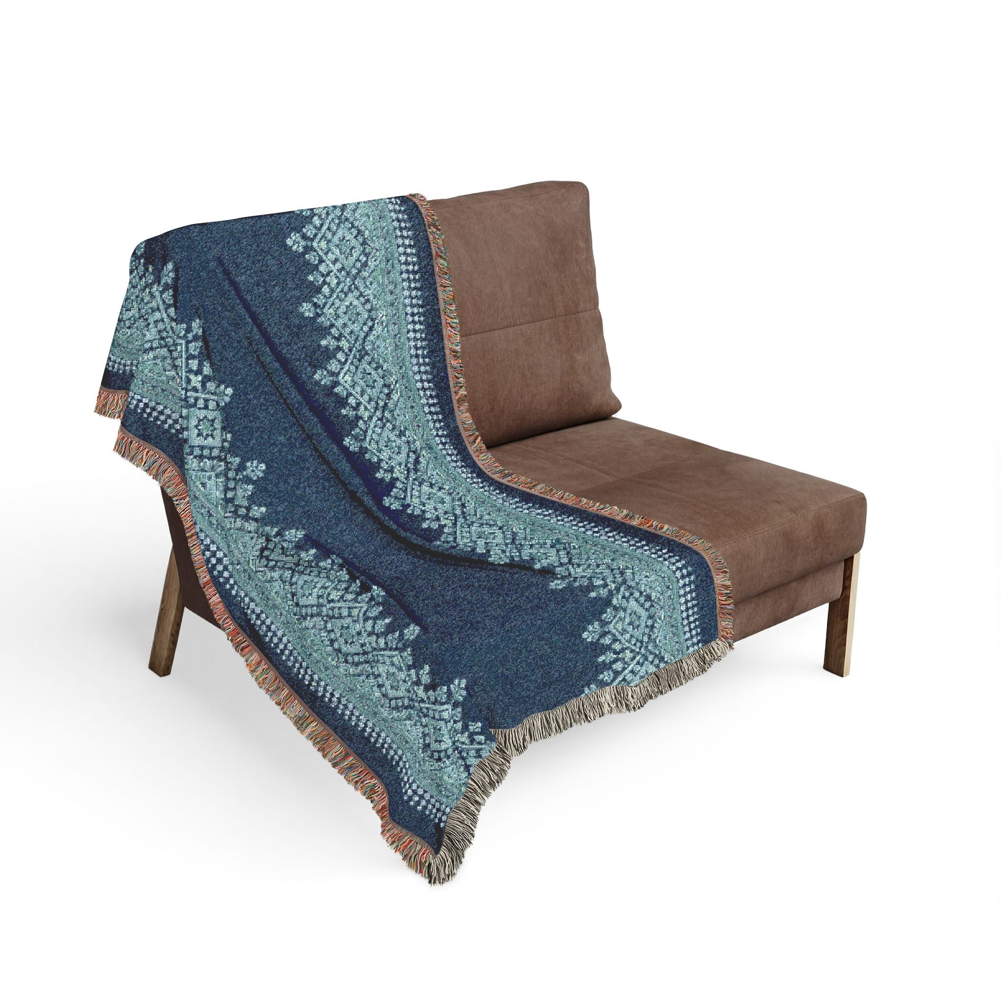 Boho Woven Throw Blanket — Navy & Earth Tones Geometric Pattern