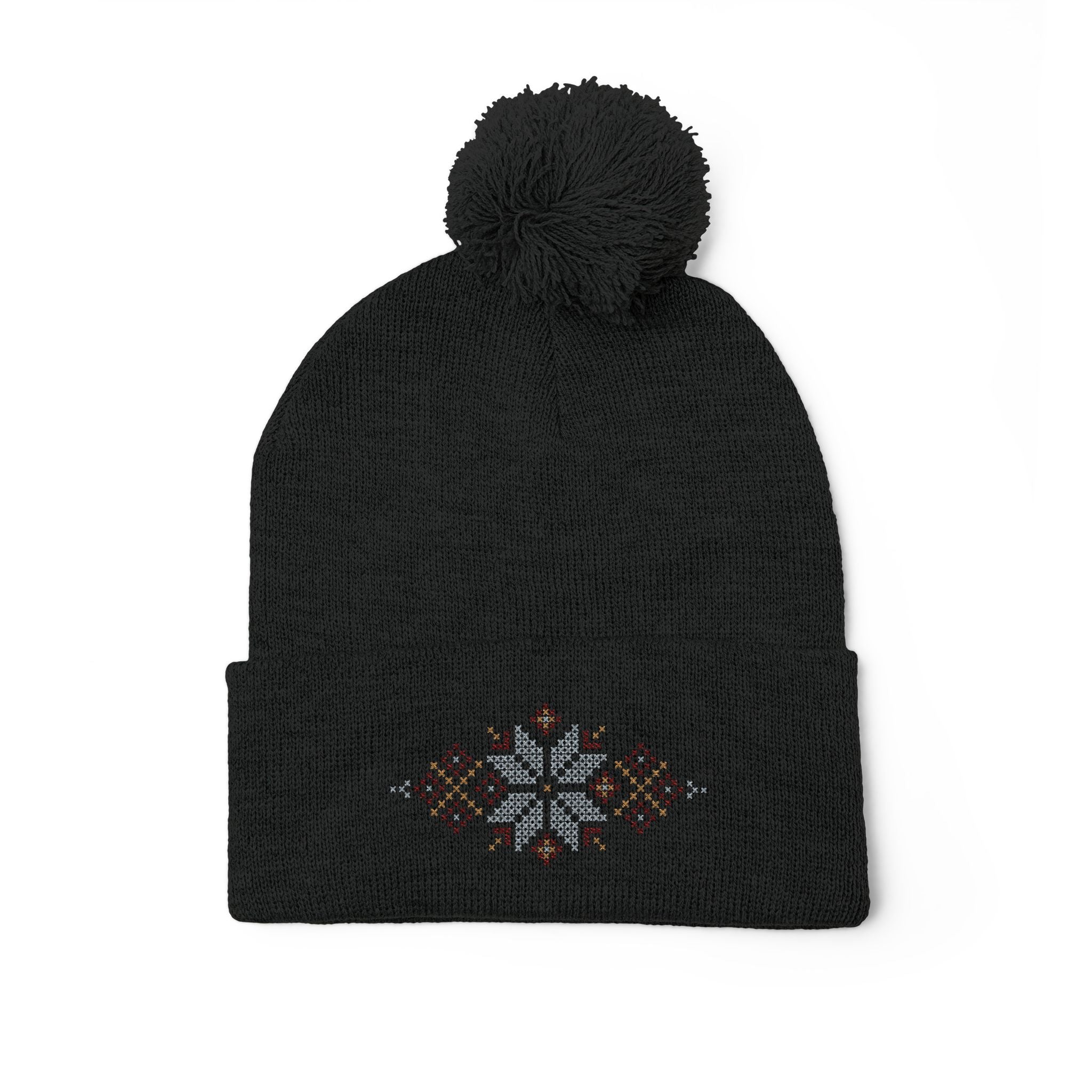 Embroidered Snowflake Pom-Pom Knit Cap