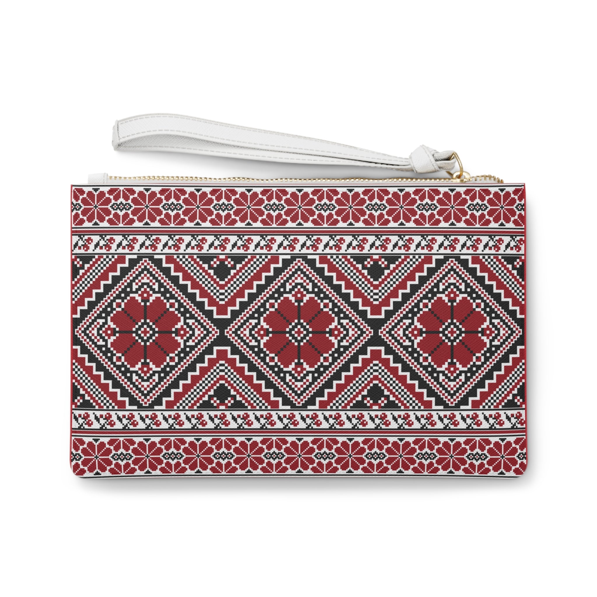 Embroidered Folk Pattern Clutch Bag — Red Geometric Floral Wristlet