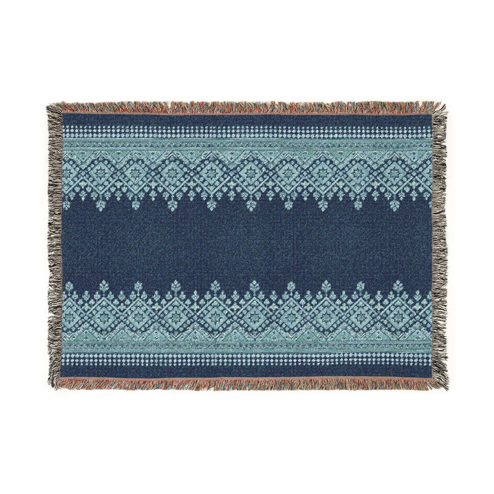 Boho Woven Throw Blanket — Navy & Earth Tones Geometric Pattern