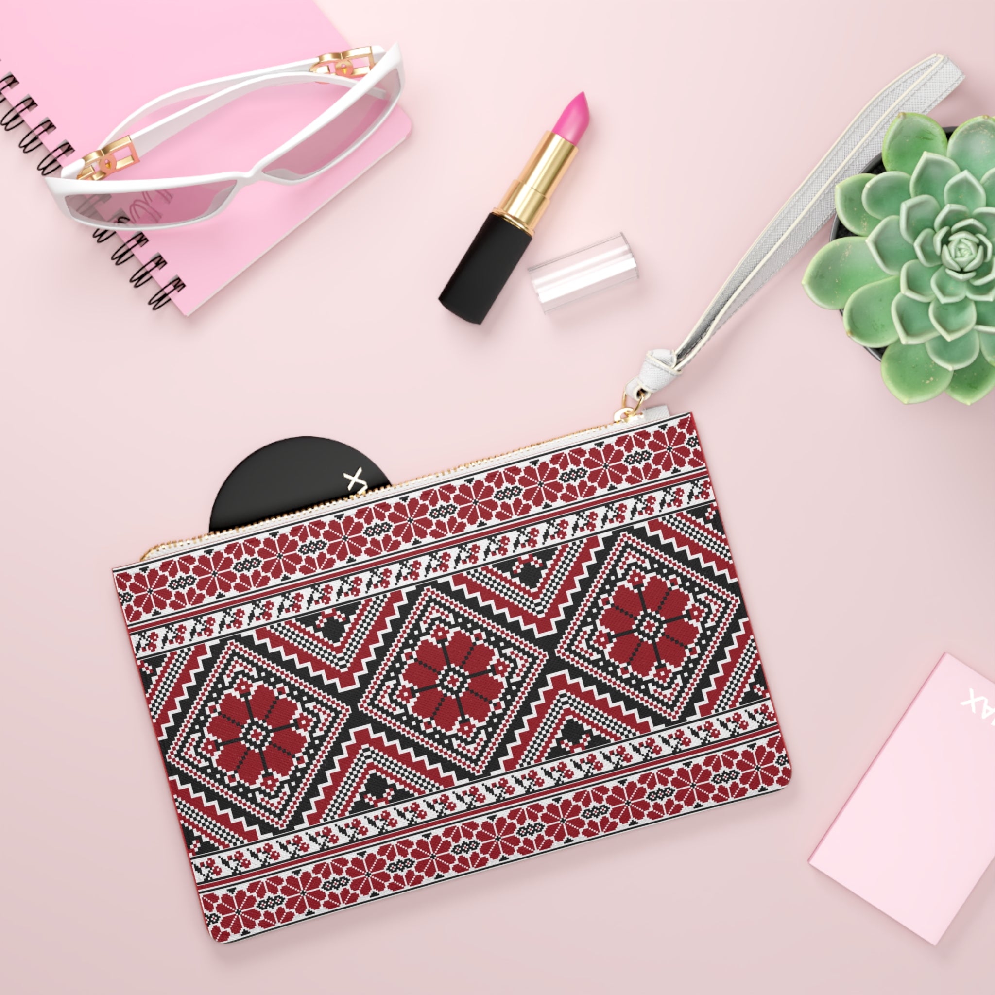 Embroidered Folk Pattern Clutch Bag — Red Geometric Floral Wristlet
