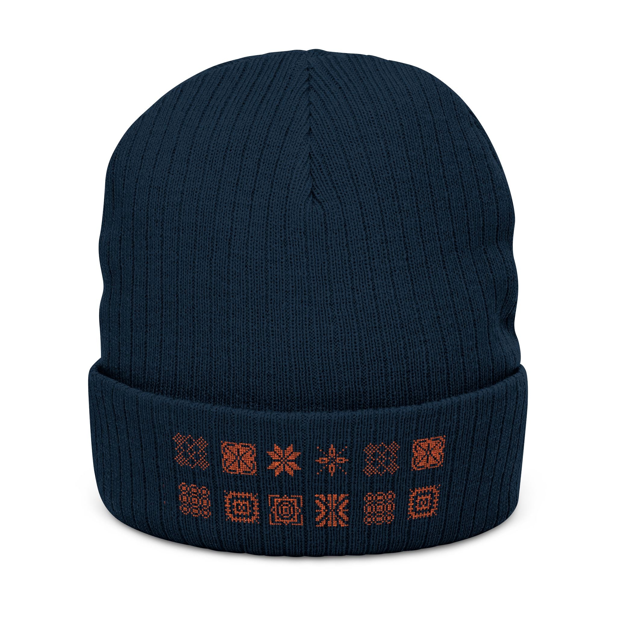 Embroidered Geo Motif Ribbed Beanie — Cozy Knit Winter Hat