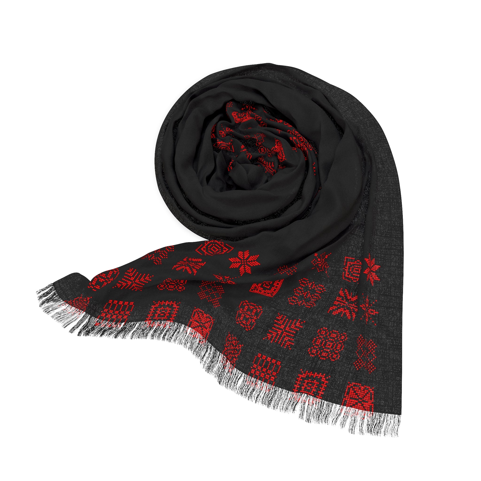 Black Woven Scarf with Red Geometric Border – Lightweight Fashion Scarf