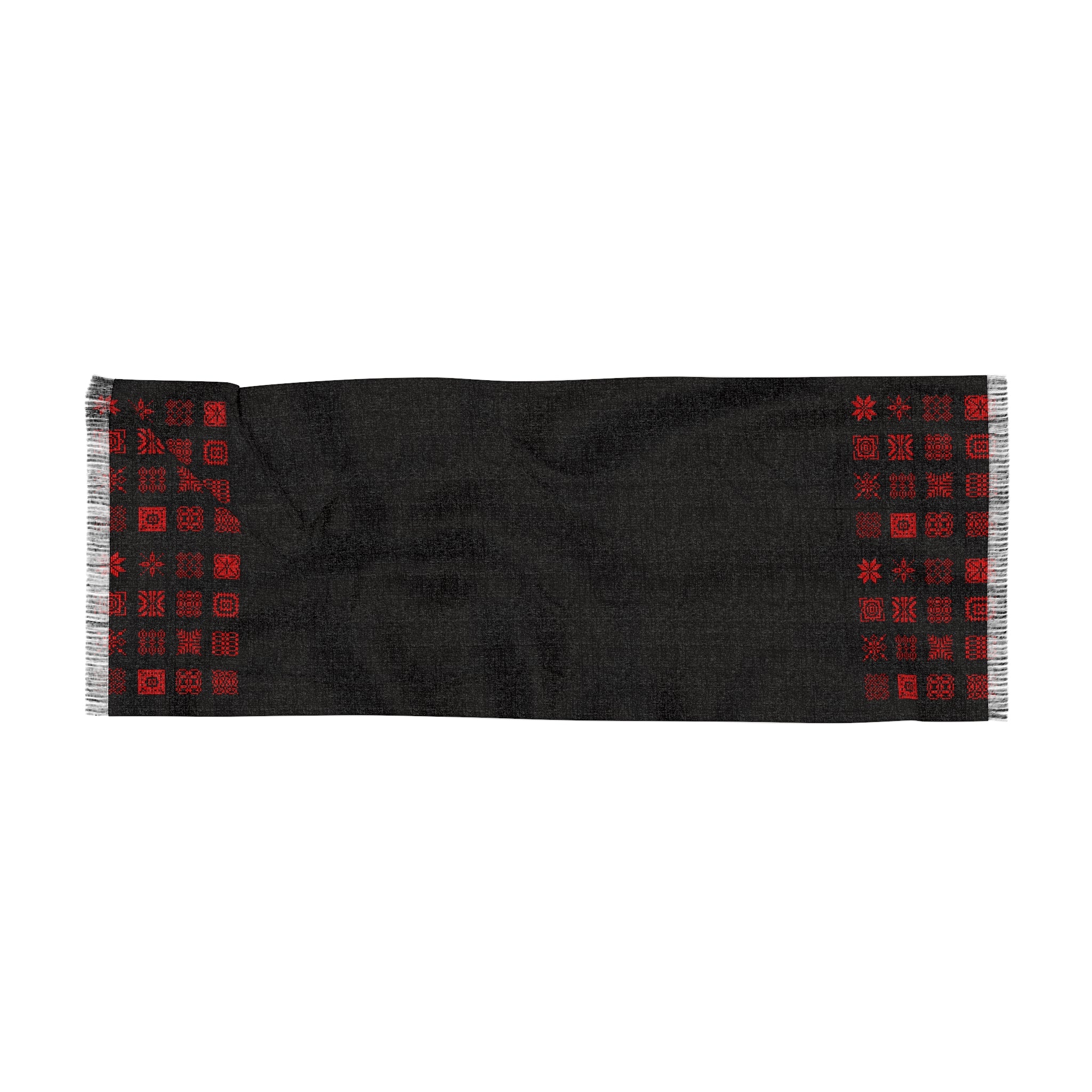 Black Woven Scarf with Red Geometric Border – Lightweight Fashion Scarf