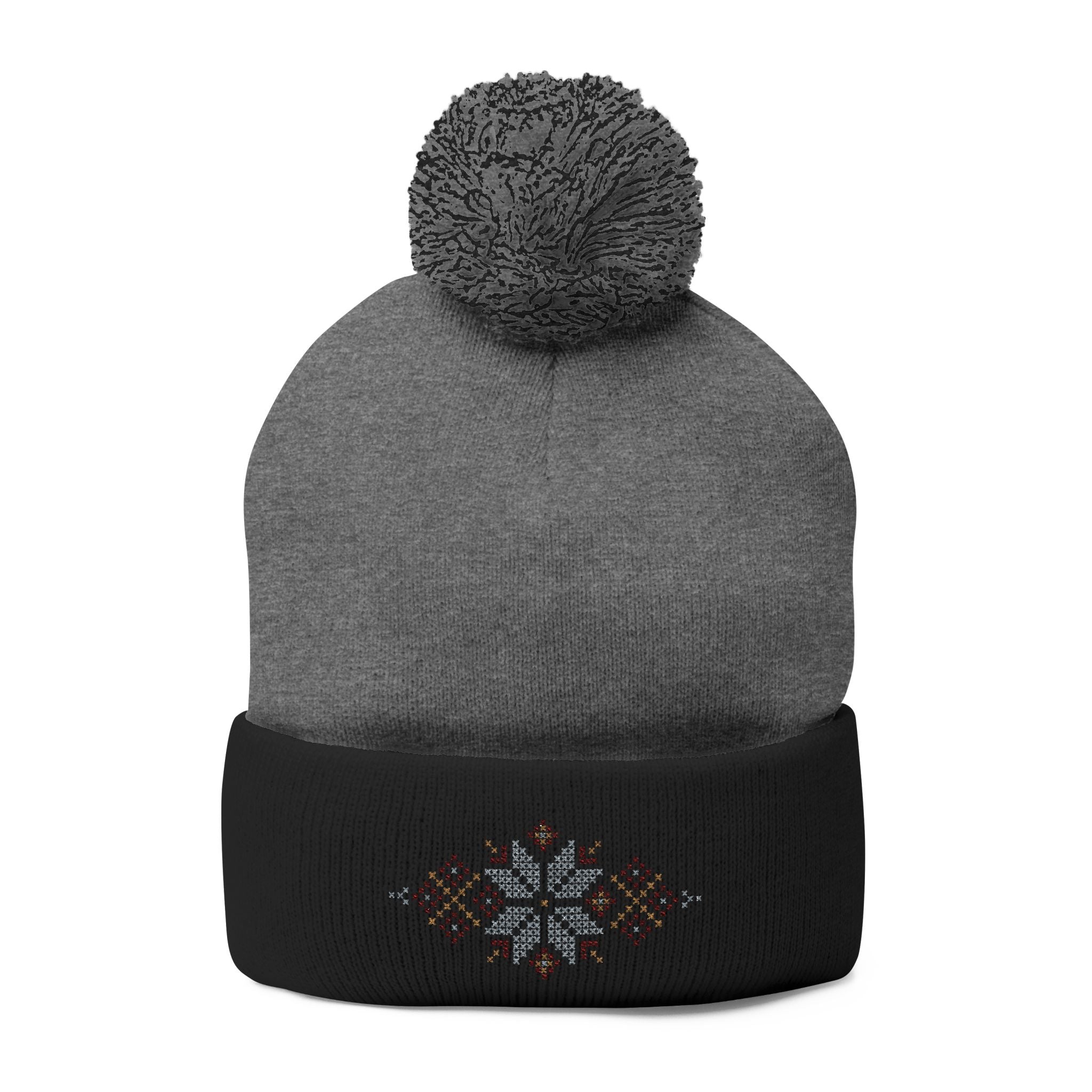 Embroidered Snowflake Pom-Pom Knit Cap