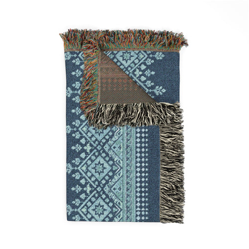 Boho Woven Throw Blanket — Navy & Earth Tones Geometric Pattern