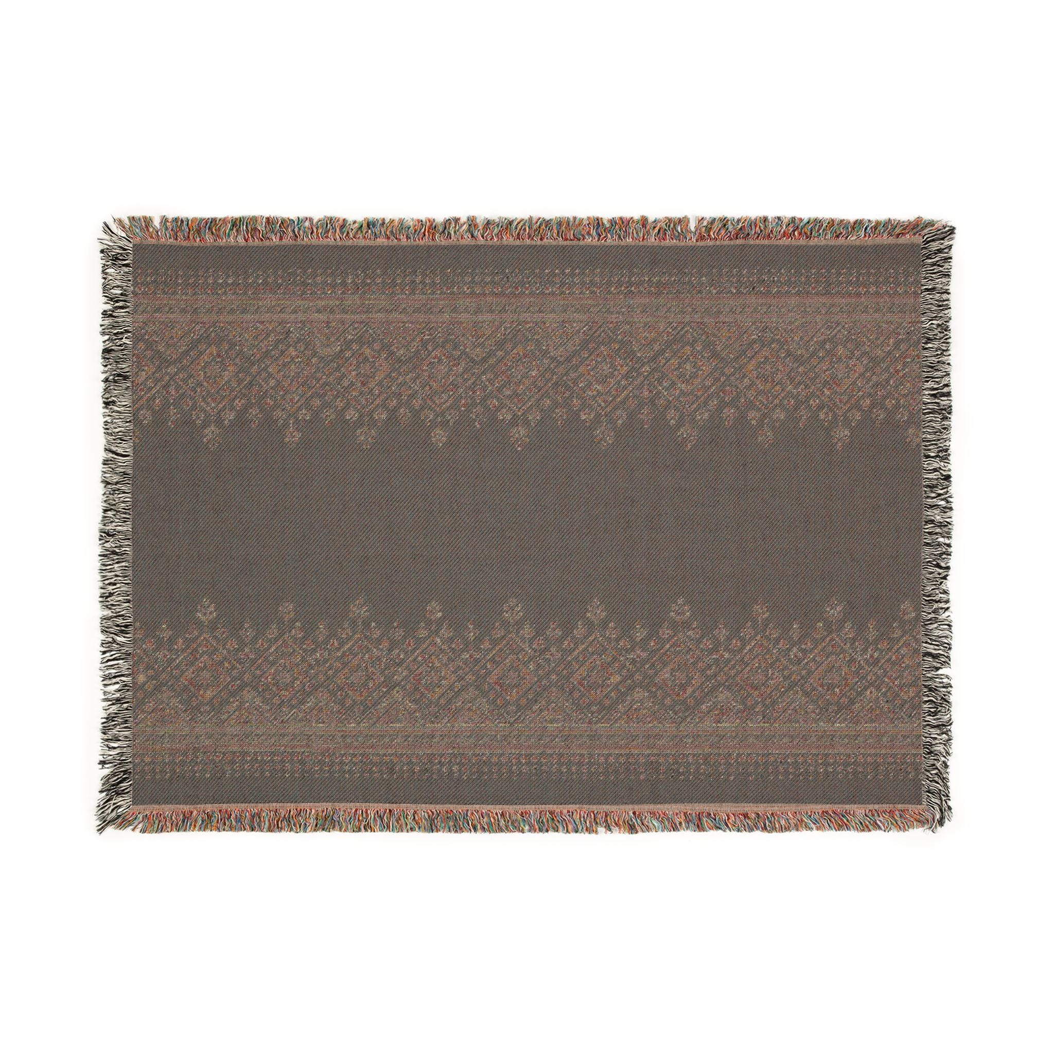 Boho Woven Throw Blanket — Navy & Earth Tones Geometric Pattern