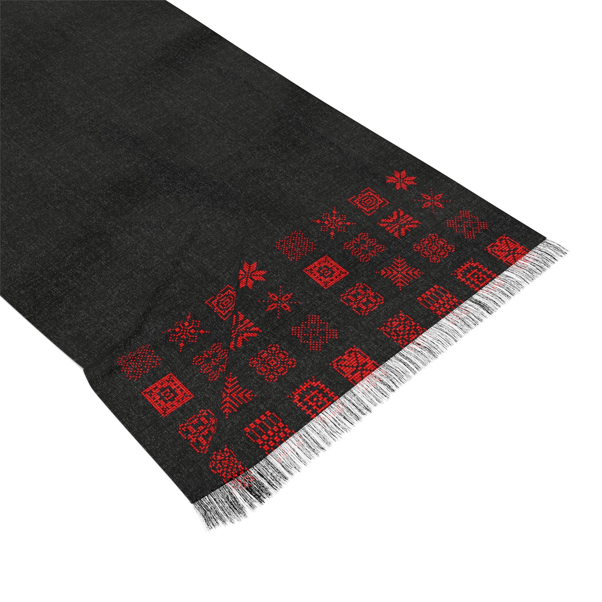 Black Woven Scarf with Red Geometric Border – Lightweight Fashion Scarf