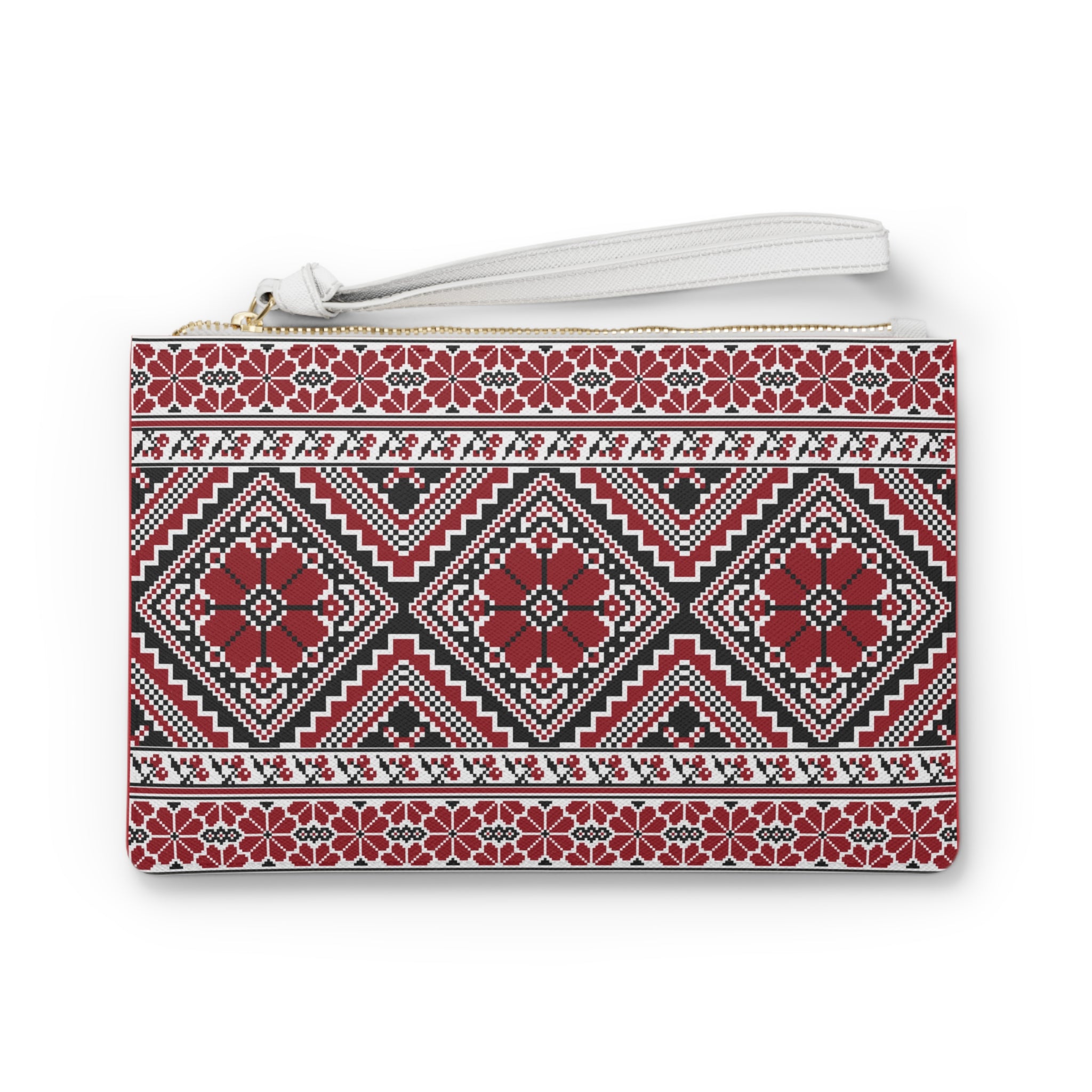 Embroidered Folk Pattern Clutch Bag — Red Geometric Floral Wristlet
