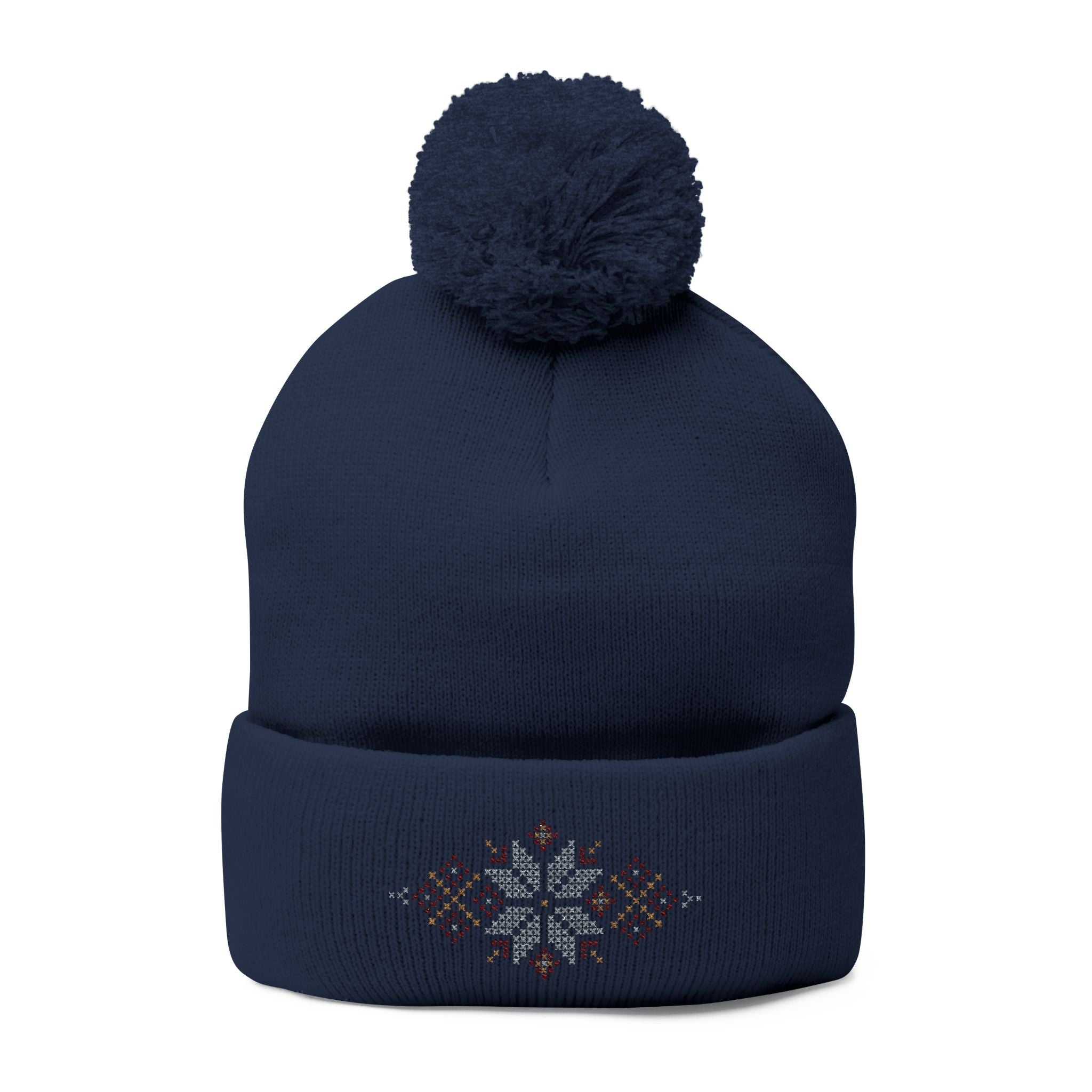 Embroidered Snowflake Pom-Pom Knit Cap