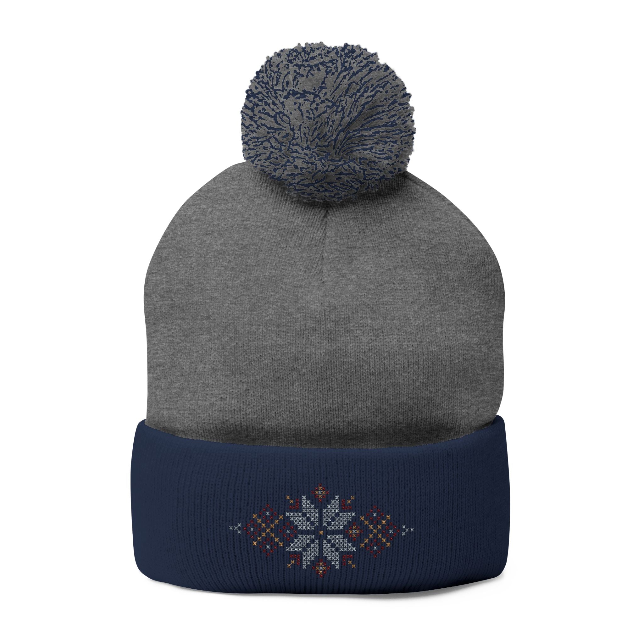 Embroidered Snowflake Pom-Pom Knit Cap
