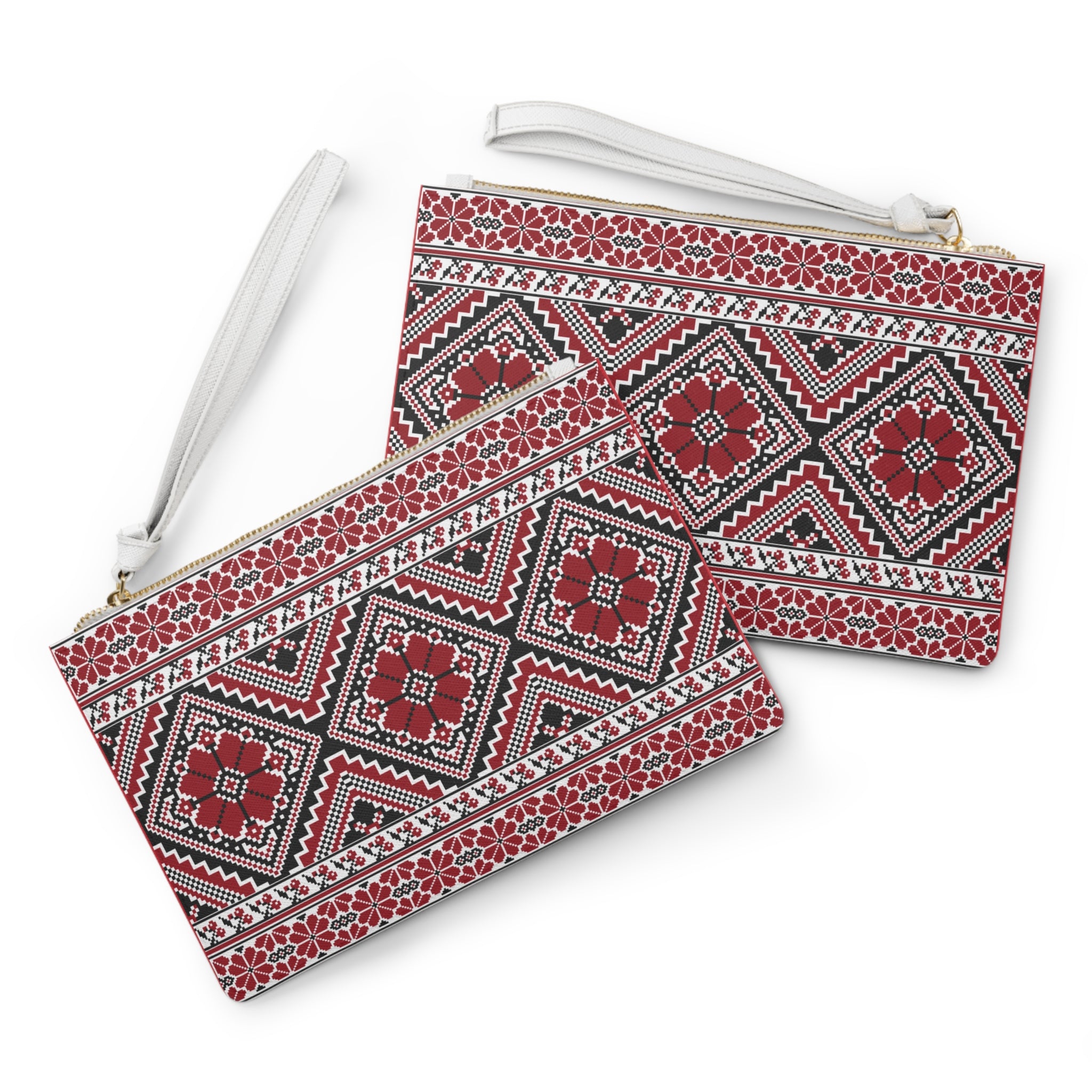 Embroidered Folk Pattern Clutch Bag — Red Geometric Floral Wristlet